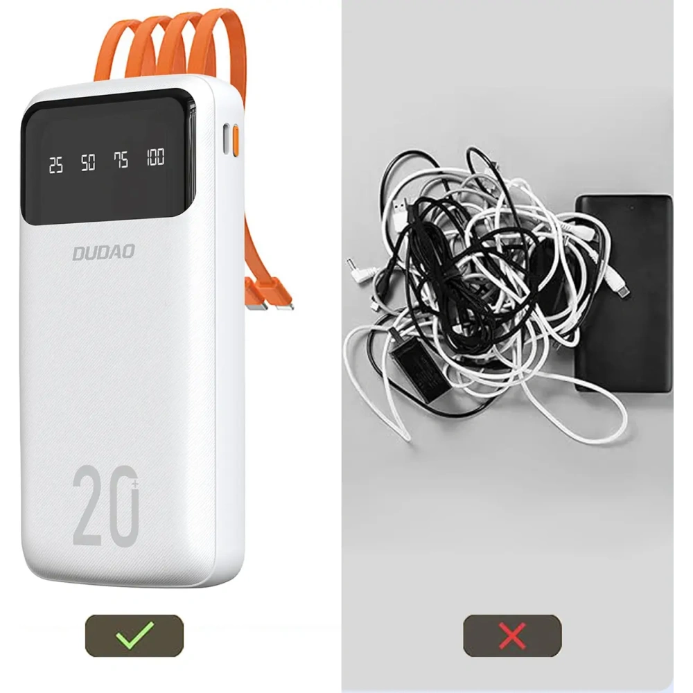 Powerbank DUDAO K6 Pro+ 20000mAh z 3 wbudowanymi kablami USB-C, micro USB, Lightning biały