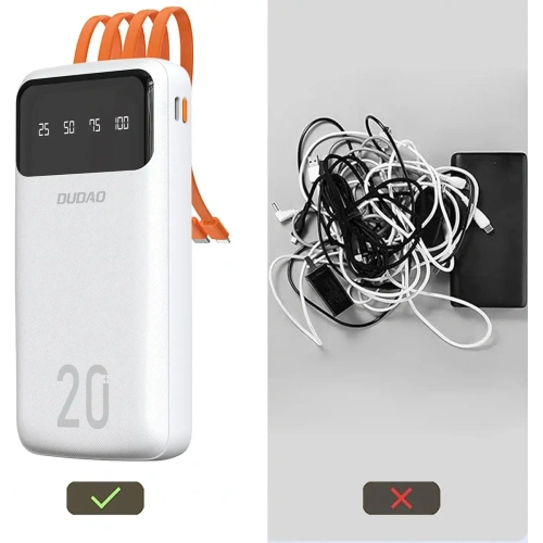 Powerbank DUDAO K6 Pro+ 20000mAh z 3 wbudowanymi kablami USB-C, micro USB, Lightning czarny