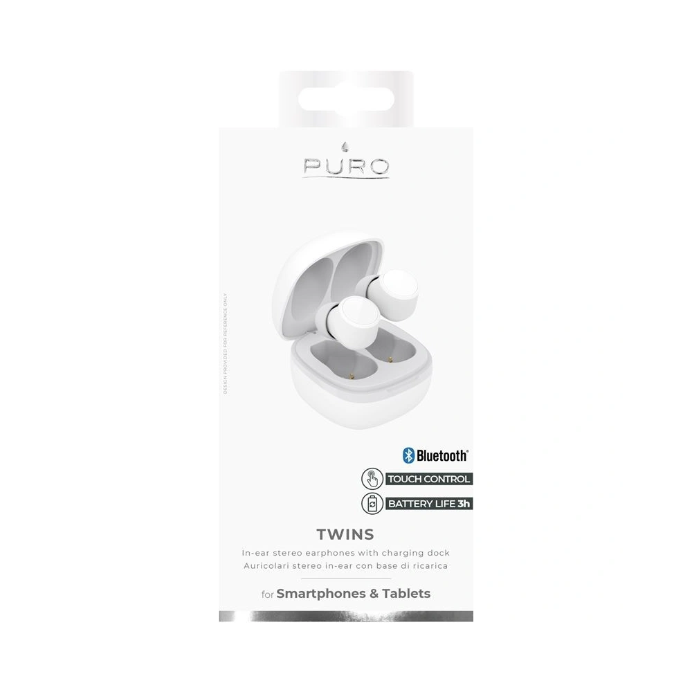 Bezprzewodowe słuchawki PURO TWINS TWS Bluetooth 5.0 z etui ładującym, wodoszczelność IPX6 (Biały)