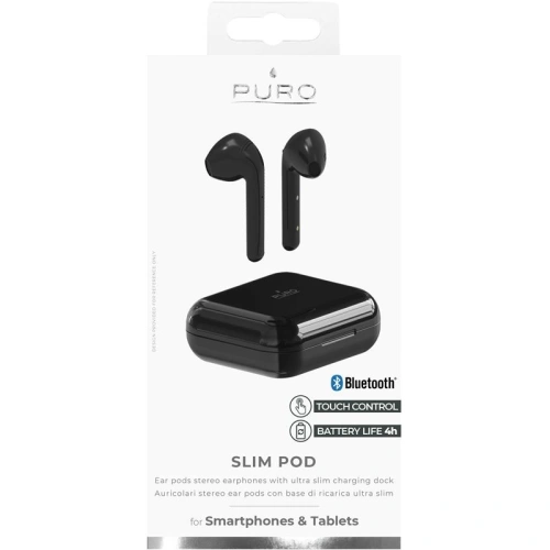 Kup PURO SLIM POD TWS Bluetooth 5.0 vezeték nélküli fülhallgató töltőtokkal, IPX5 vízállóság (Fekete) - PUR095BLK - {ean13} - Sklep Home Screen