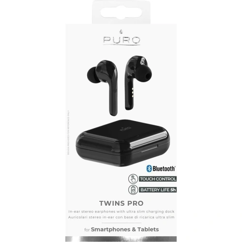 Kup Bezdrátová sluchátka PURO TWINS PRO TWS Bluetooth 5.0 s nabíjecím pouzdrem, voděodolnost IPX5 (Černá) - PUR097BLK - {ean13} - Sklep Home Screen