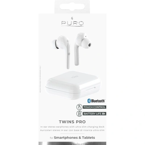 Kup Bezdrátová sluchátka PURO TWINS PRO TWS Bluetooth 5.0 s nabíjecím pouzdrem, voděodolnost IPX5 (Bílá) - PUR098WHT - {ean13} - Sklep Home Screen