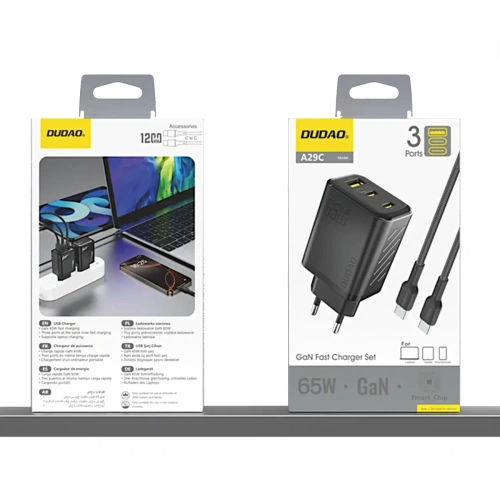 Ładowarka sieciowa Dudao A29C 65W GaN USB-A, 2xUSB-C + kabel USB-C czarna