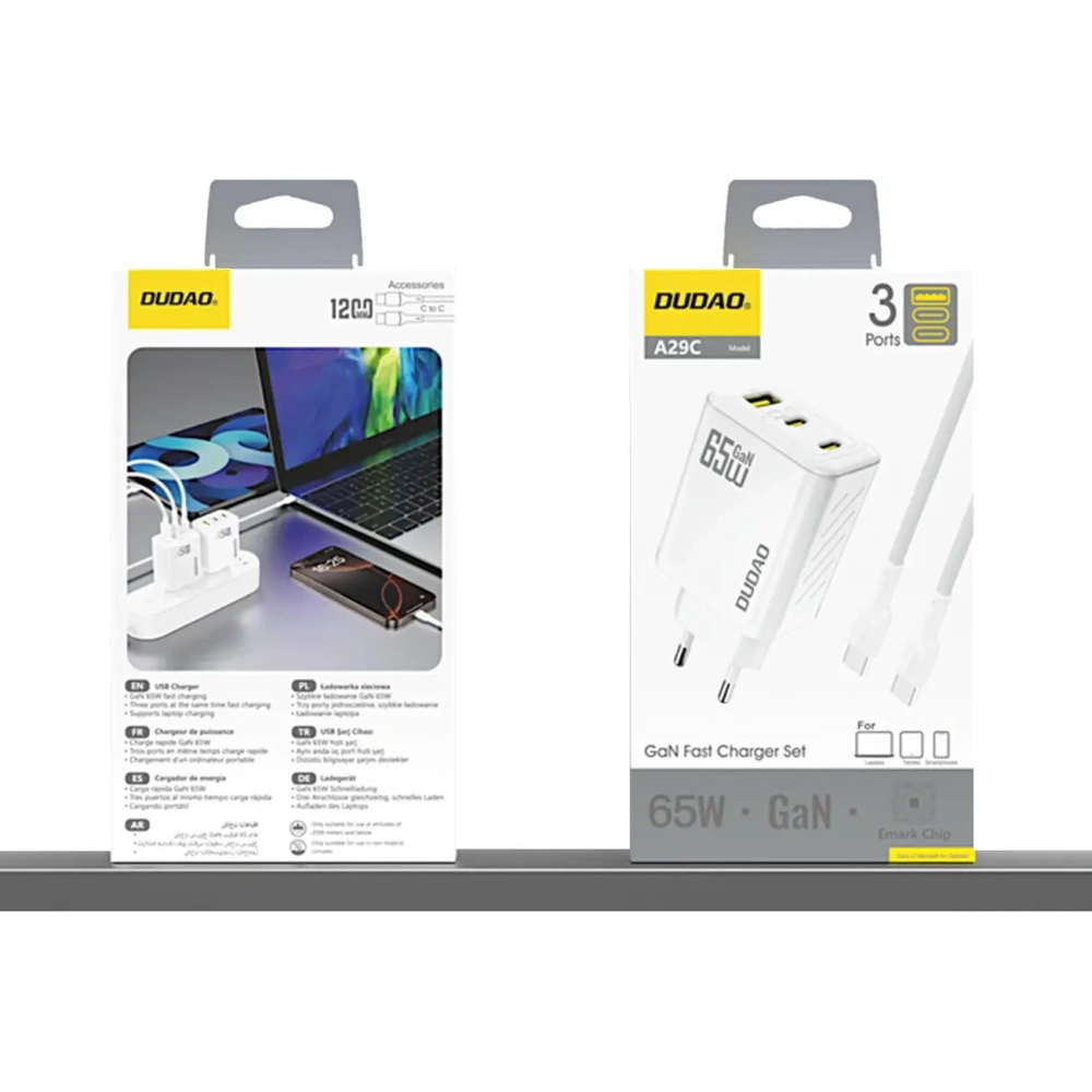 Ładowarka sieciowa Dudao A29C 65W GaN USB-A, 2xUSB-C + kabel USB-C biała