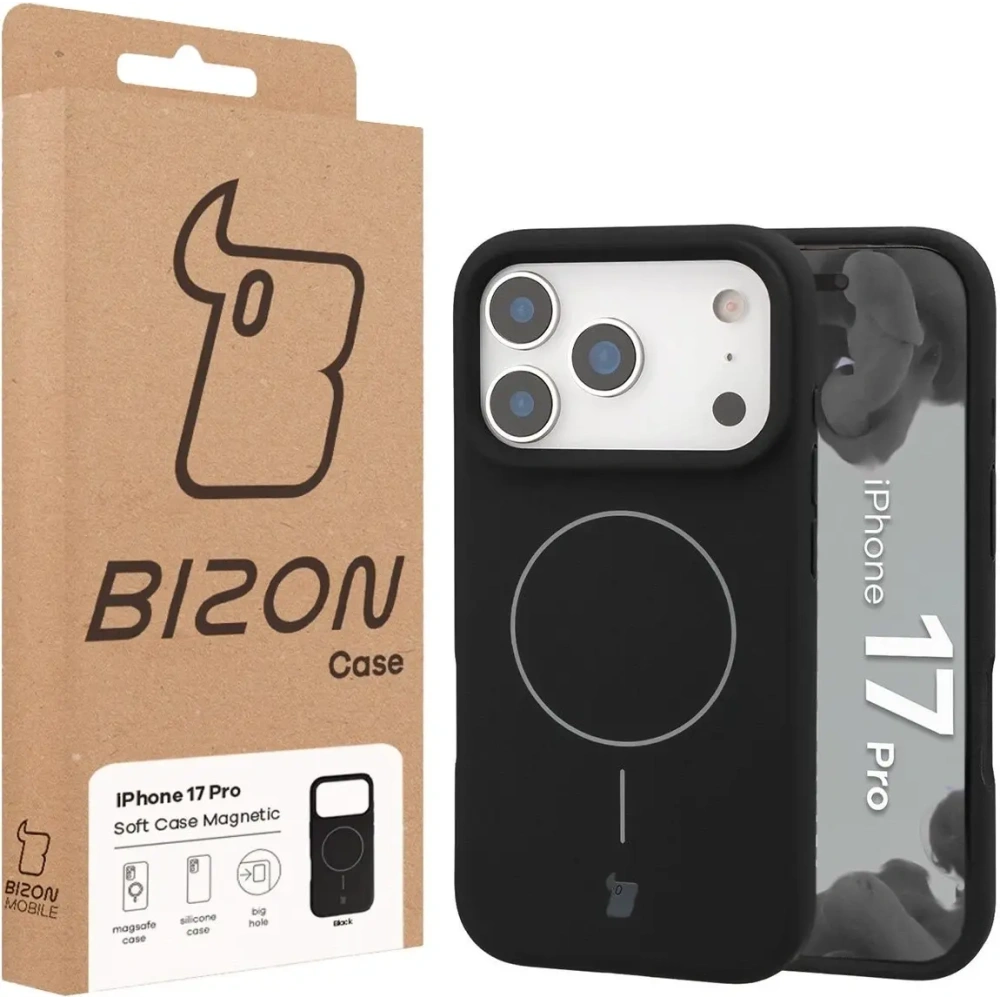 Silikonowe etui z pierścieniem magnetycznym Bizon Soft Case Magnetic do Apple iPhone 17 Pro czarne