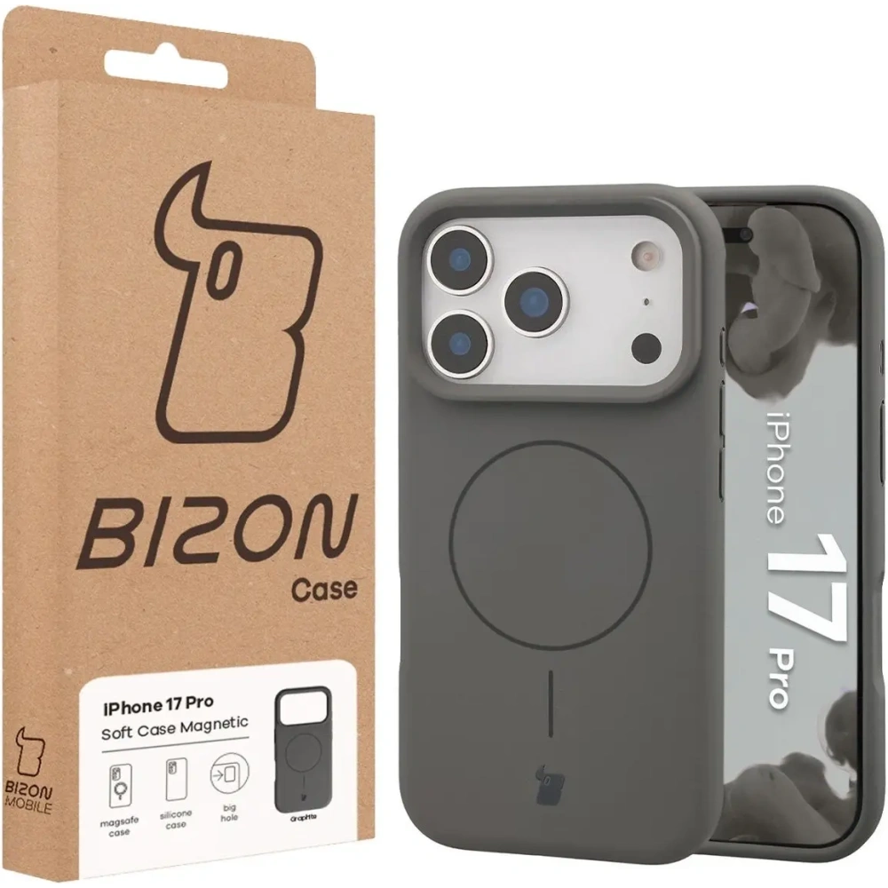 Silikonowe etui z pierścieniem magnetycznym Bizon Soft Case Magnetic do Apple iPhone 17 Pro grafitowe