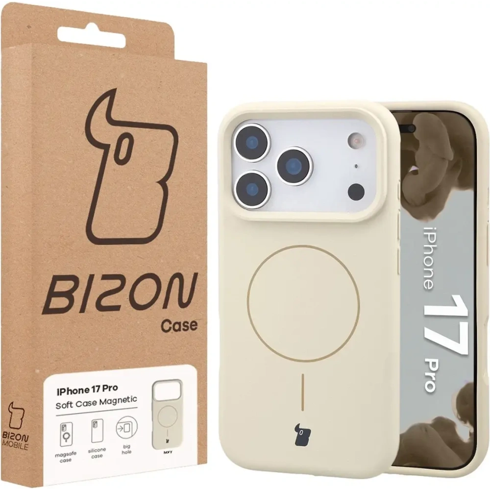 Silikonowe etui z pierścieniem magnetycznym Bizon Soft Case Magnetic do Apple iPhone 17 Pro écru