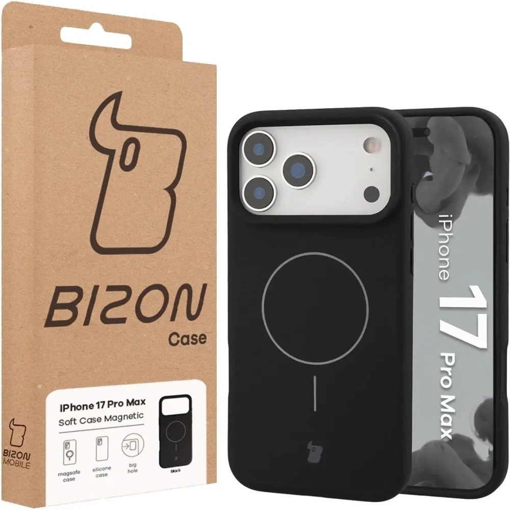 Silikonowe etui z pierścieniem magnetycznym Bizon Soft Case Magnetic do Apple iPhone 17 Pro Max czarne