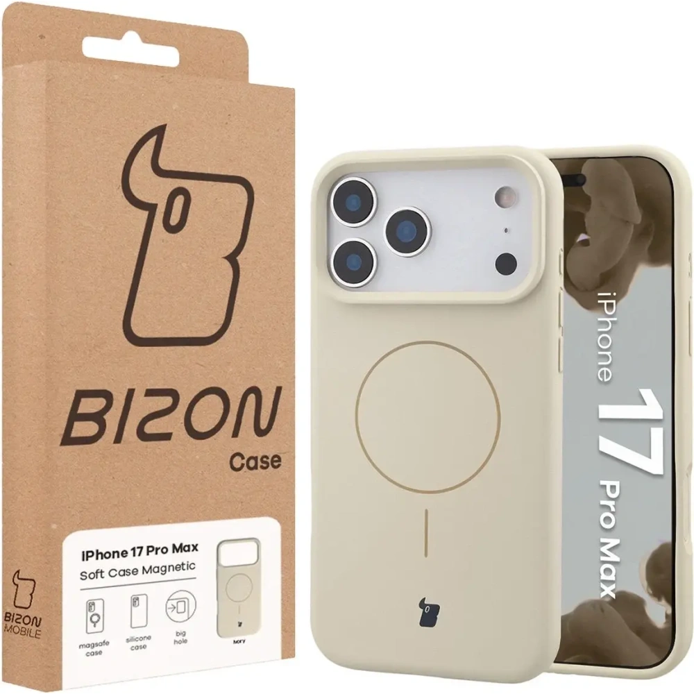 Silikonowe etui z pierścieniem magnetycznym Bizon Soft Case Magnetic do Apple iPhone 17 Pro Max écru