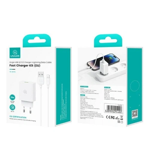 Ładowarka sieciowa USAMS 18W USB-A + kabel USB-A / Lightning Fast Charging biały
