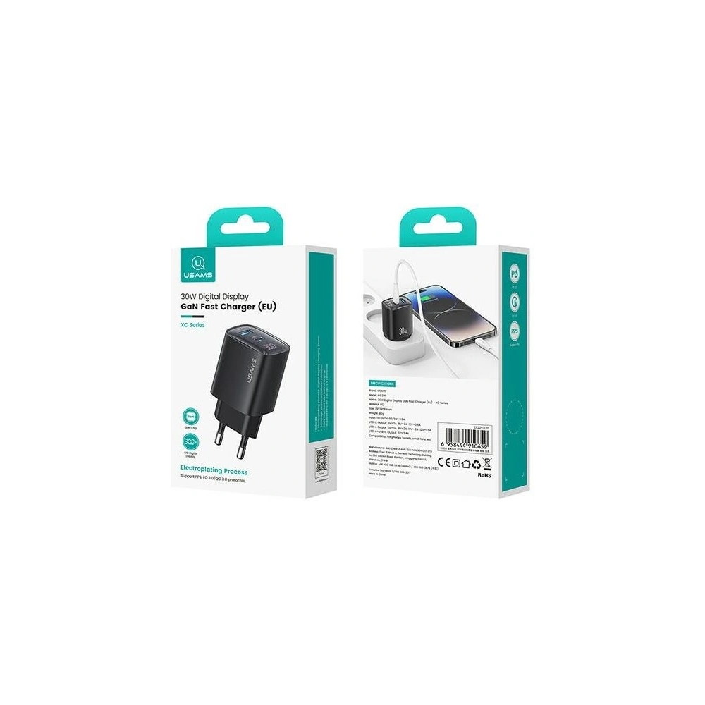 [CR] Ładowarka sieciowa USAMS CC229 USB-A, USB-C 30W GaN Fast Charging XC Series czarny/black