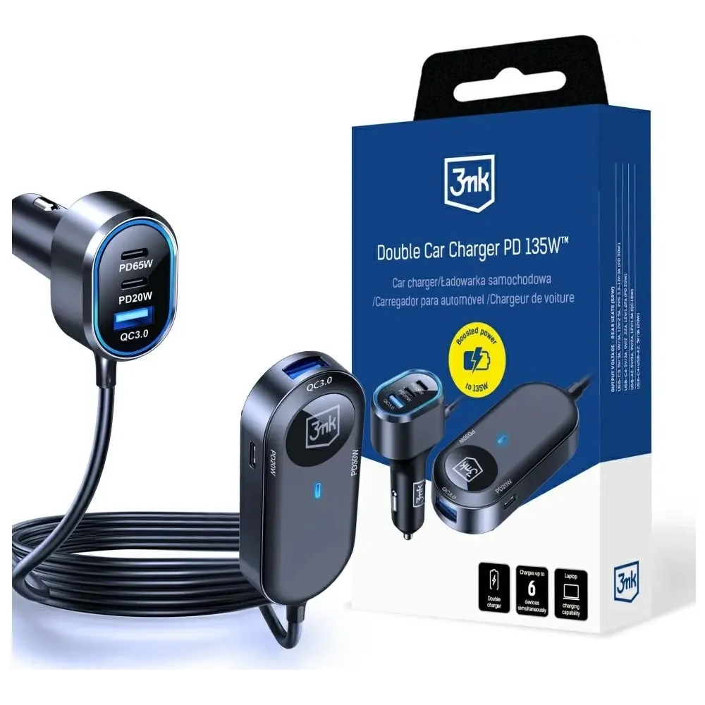 Ładowarka samochodowa 3MK Double Car Charger 135W PD QC PPS 2xUSB-A 4xUSB-C szary