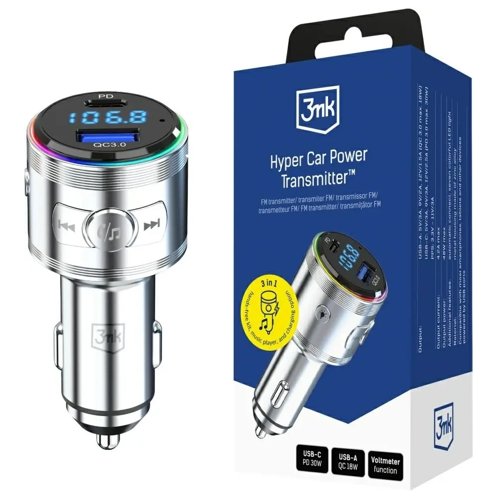 Ładowarka samochodowa 3MK Hyper Car Power Transmitter 48W QC PD PPS USB-C / USB-A z transmiterem audio srebrny