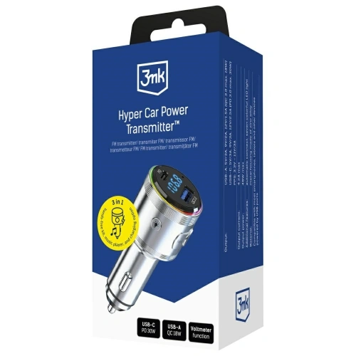Ładowarka samochodowa 3MK Hyper Car Power Transmitter 48W QC PD PPS USB-C / USB-A z transmiterem audio srebrny