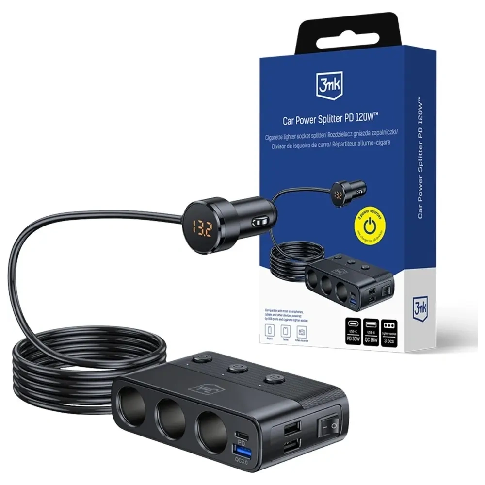 Rozdzielacz 3MK Car Power Splitter 120W PD QC PPS 3xUSB-A, USB-C, 3xDC czarny