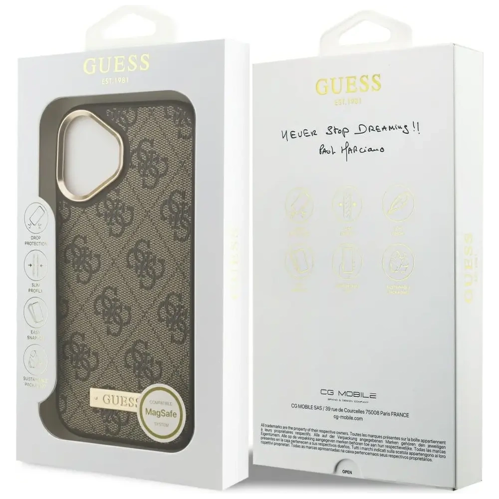 Etui Guess 4G Logo Plate MagSafe do Apple iPhone 17 brązowy