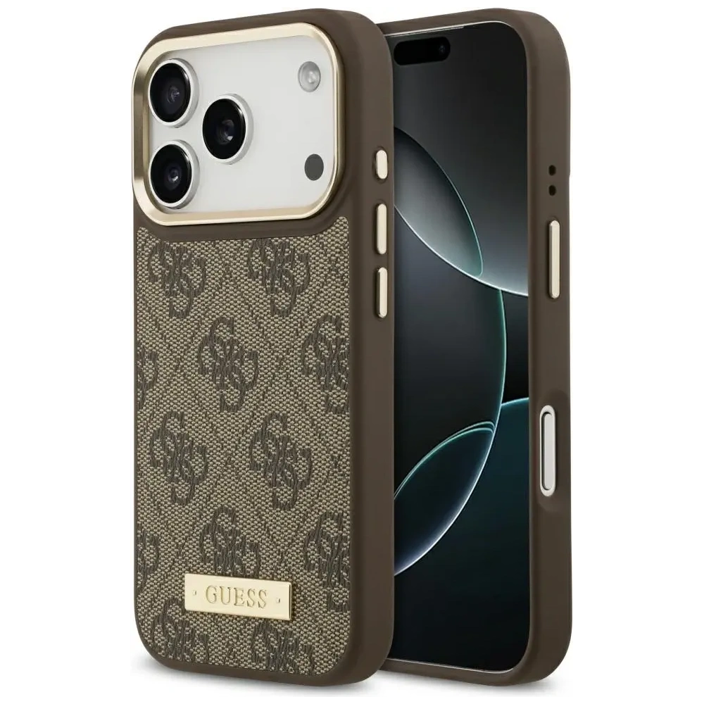Etui Guess 4G Logo Plate MagSafe do Apple iPhone 17 Pro brązowy