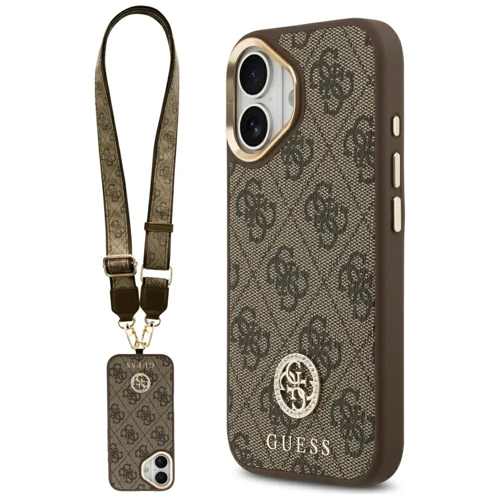 Etui Guess 4G Strass Logo & Big Strap Metal Buttons MagSafe do Apple iPhone 17 brązowy
