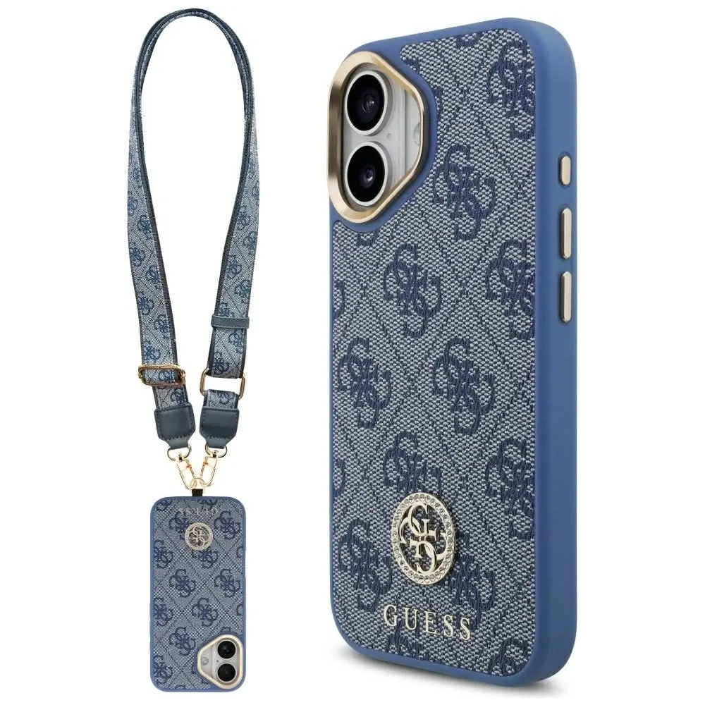 Etui Guess 4G Strass Logo & Big Strap Metal Buttons MagSafe do Apple iPhone 17 niebieski