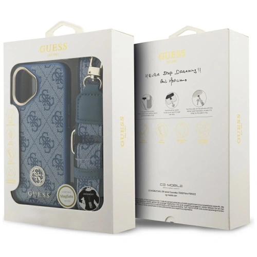 Etui Guess 4G Strass Logo & Big Strap Metal Buttons MagSafe do Apple iPhone 17 niebieski