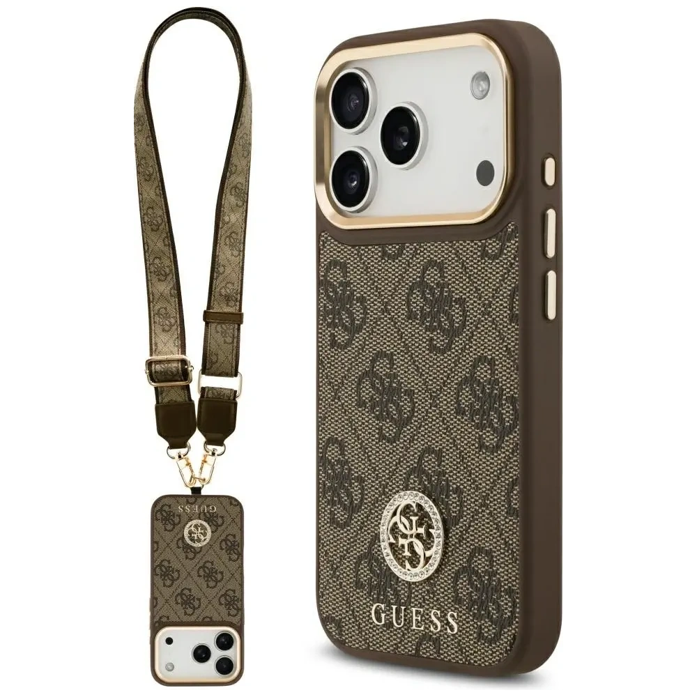 Etui Guess 4G Strass Logo & Big Strap Metal Buttons MagSafe do Apple iPhone 17 Pro brązowy