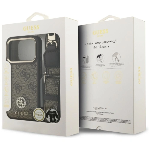 Etui Guess 4G Strass Logo & Big Strap Metal Buttons MagSafe do Apple iPhone 17 Pro brązowy