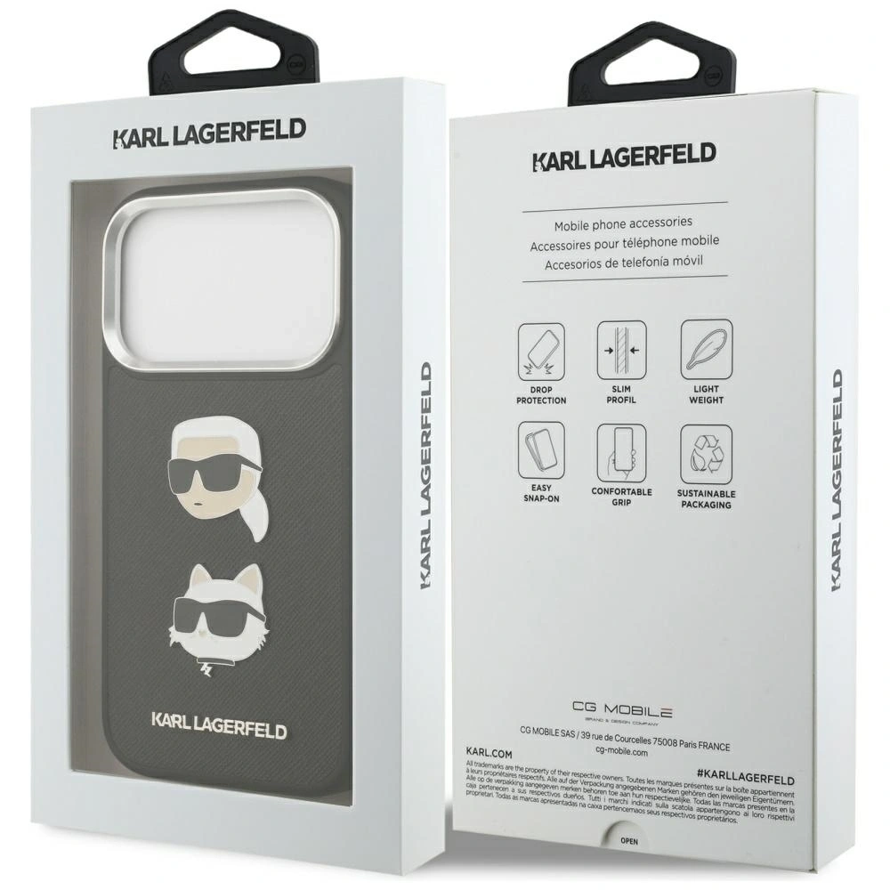 Etui Karl Lagerfeld FW Grained Karl & Choupette Heads Pins & Logo do Apple iPhone 17 Pro czarny