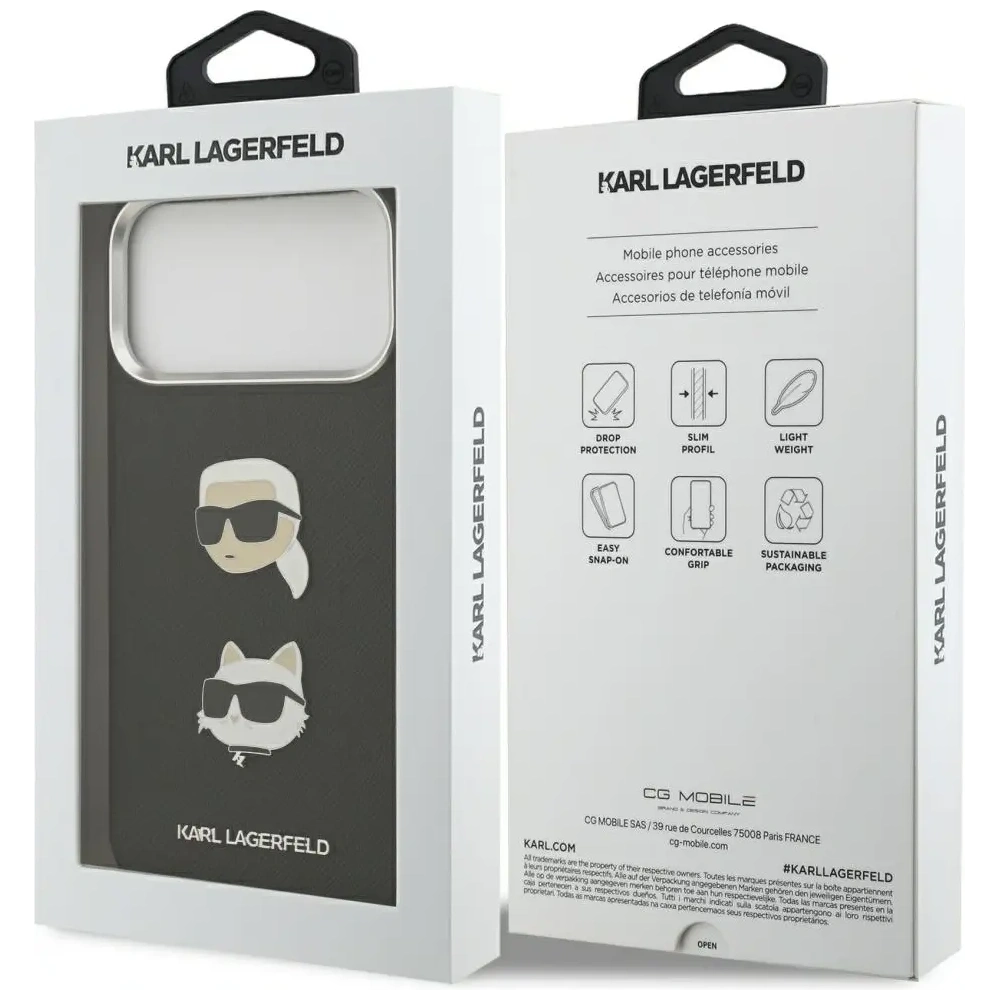 Etui Karl Lagerfeld FW Grained Karl & Choupette Heads Pins & Logo do Apple iPhone 17 Pro Max czarny