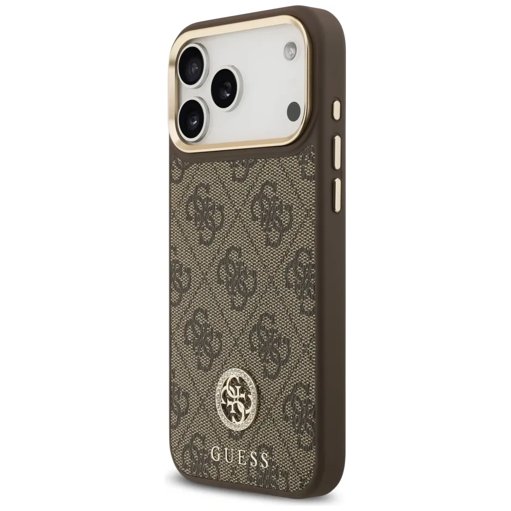 Etui Guess 4G Strass Logo & Big Strap Metal Buttons MagSafe do Apple iPhone 17 Pro Max brązowy