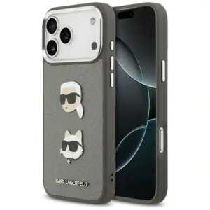 Etui Karl Lagerfeld FW Grained Karl & Choupette Heads Pins & Logo do Apple iPhone 17 Pro Max szary