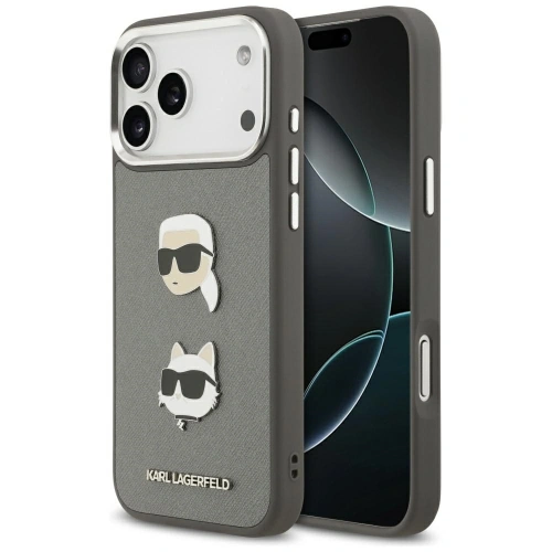 Etui Karl Lagerfeld FW Grained Karl & Choupette Heads Pins & Logo do Apple iPhone 17 Pro Max szary