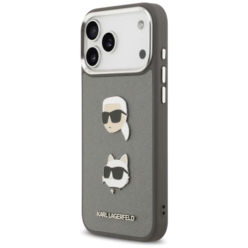 Etui Karl Lagerfeld FW Grained Karl & Choupette Heads Pins & Logo do Apple iPhone 17 Pro Max szary