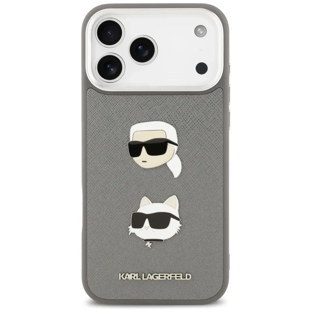 Etui Karl Lagerfeld FW Grained Karl & Choupette Heads Pins & Logo do Apple iPhone 17 Pro Max szary