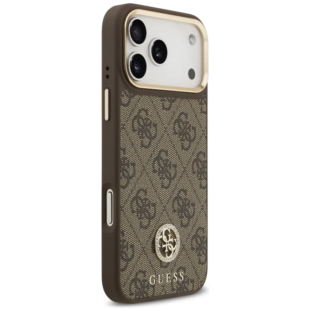 Etui Guess 4G Strass Logo & Big Strap Metal Buttons MagSafe do Apple iPhone 17 Pro Max brązowy