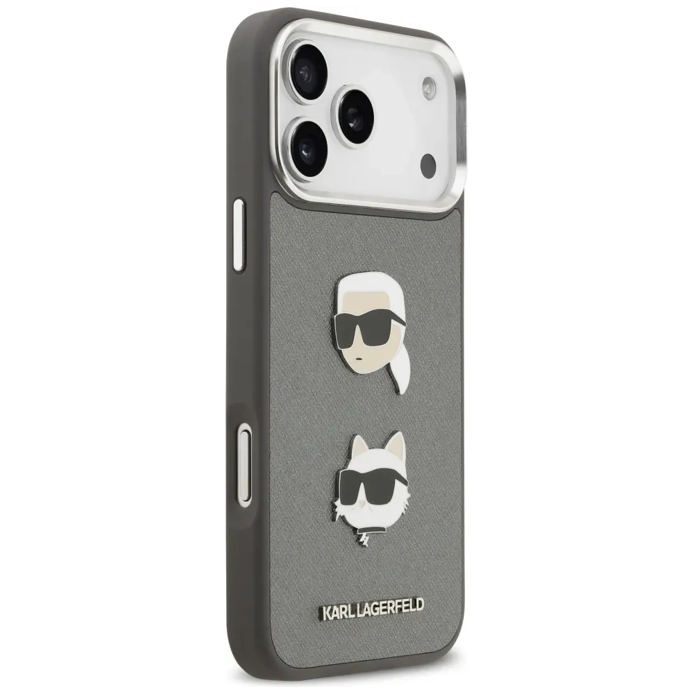 Etui Karl Lagerfeld FW Grained Karl & Choupette Heads Pins & Logo do Apple iPhone 17 Pro Max szary