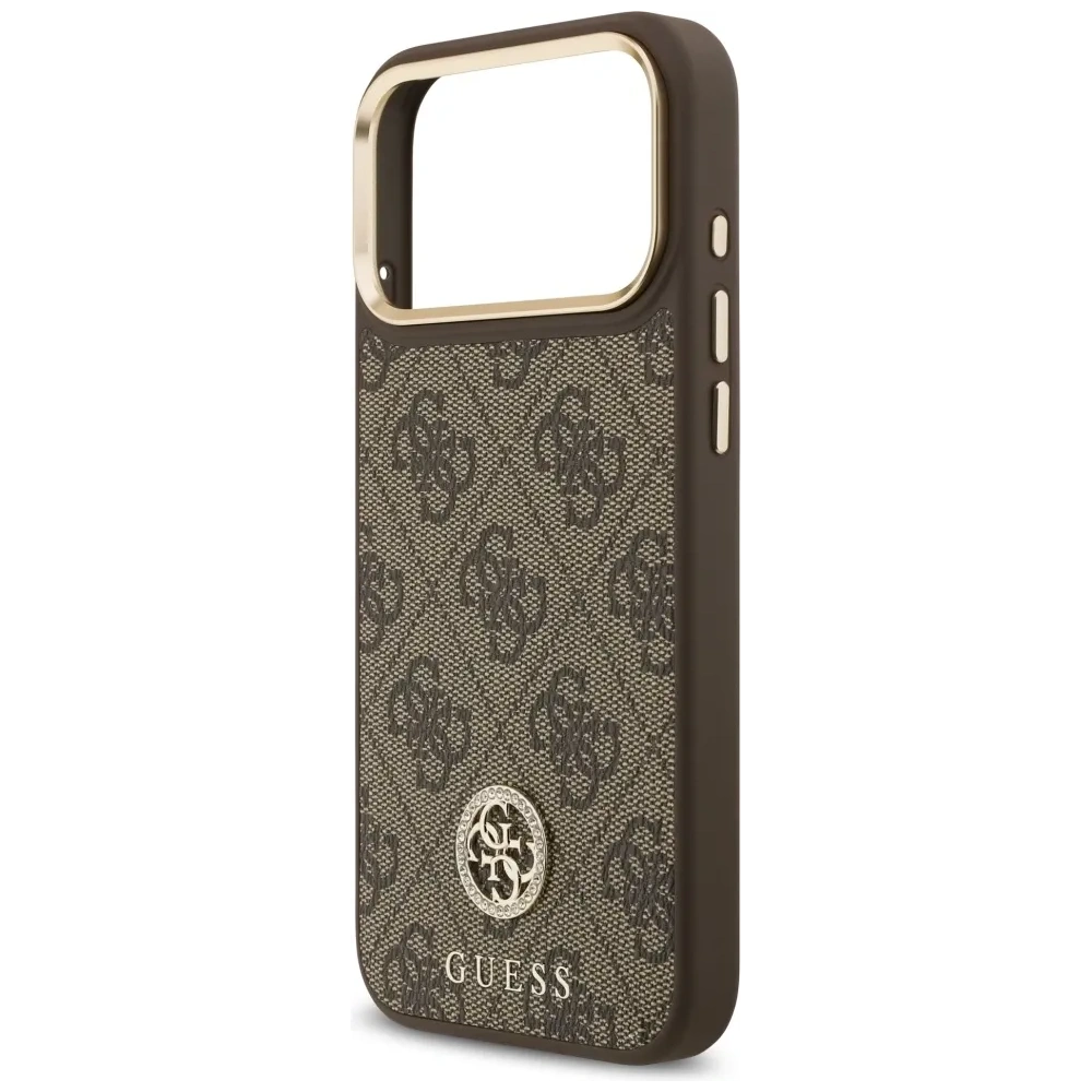 Etui Guess 4G Strass Logo & Big Strap Metal Buttons MagSafe do Apple iPhone 17 Pro Max brązowy
