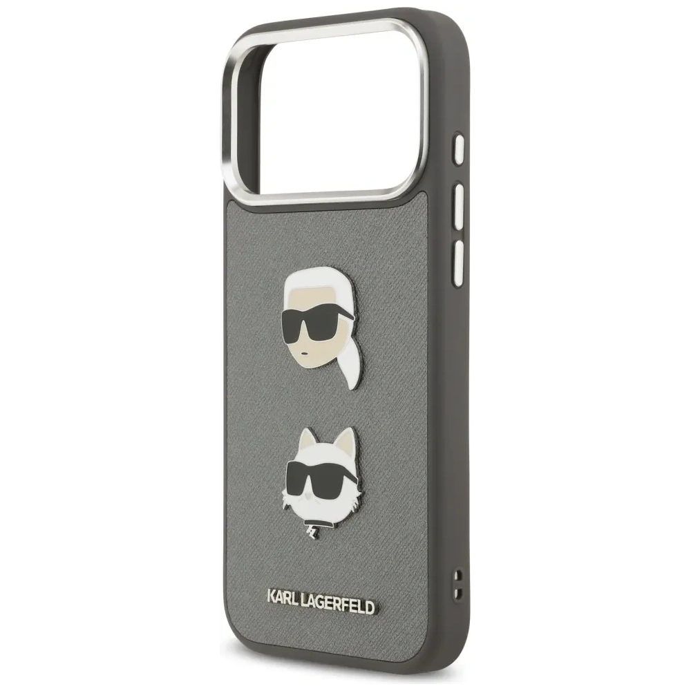 Etui Karl Lagerfeld FW Grained Karl & Choupette Heads Pins & Logo do Apple iPhone 17 Pro Max szary