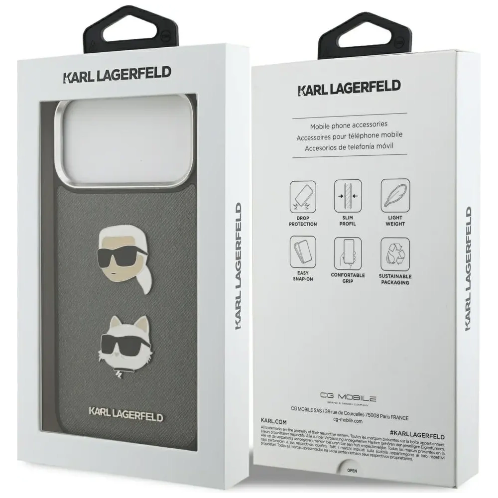 Etui Karl Lagerfeld FW Grained Karl & Choupette Heads Pins & Logo do Apple iPhone 17 Pro Max szary