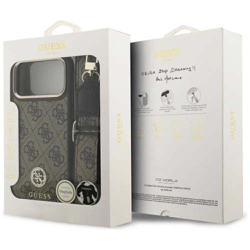 Etui Guess 4G Strass Logo & Big Strap Metal Buttons MagSafe do Apple iPhone 17 Pro Max brązowy