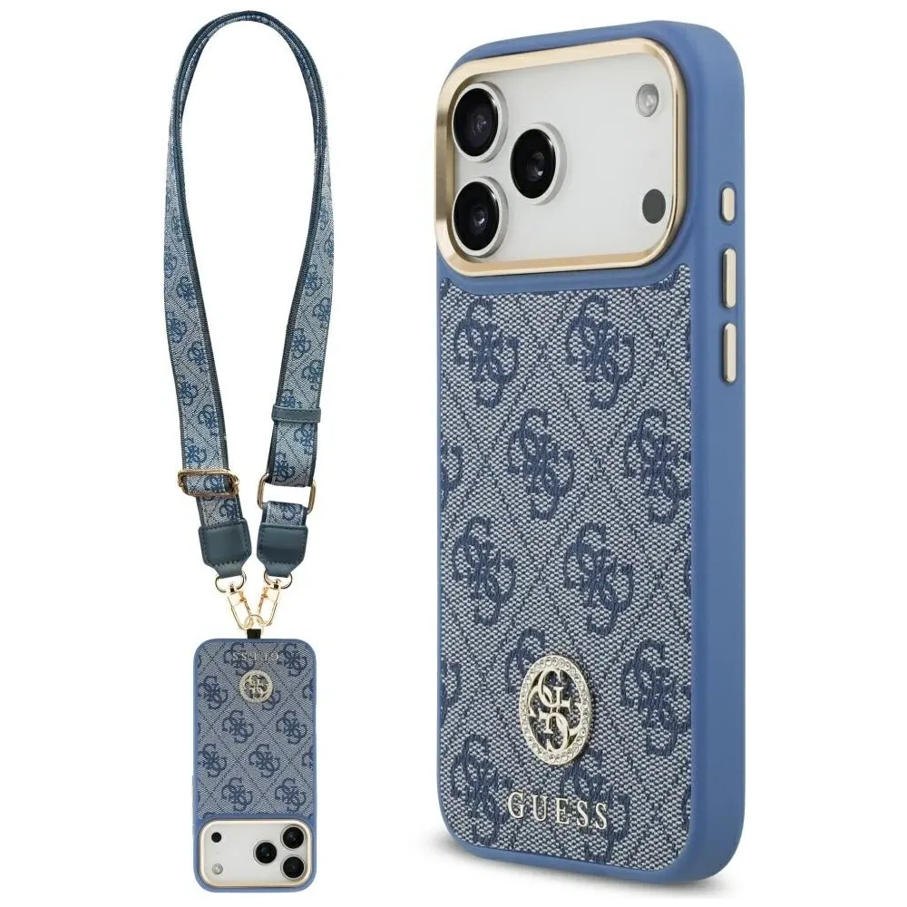 Etui Guess 4G Strass Logo & Big Strap Metal Buttons MagSafe do Apple iPhone 17 Pro Max niebieski