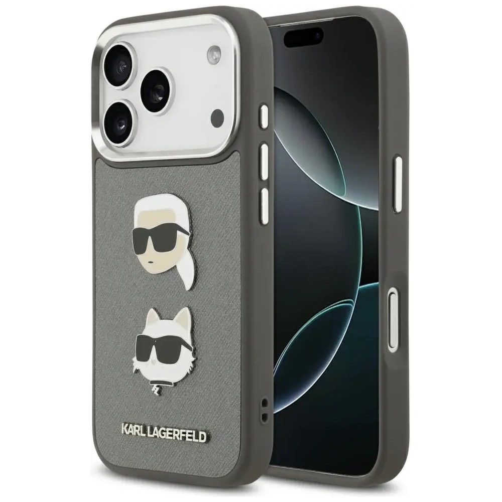 Etui Karl Lagerfeld FW Grained Karl & Choupette Heads Pins & Logo do Apple iPhone 17 Pro szary