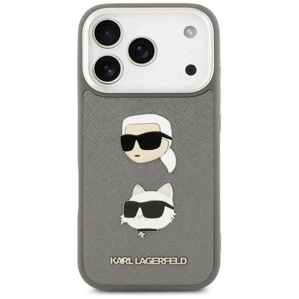 Etui Karl Lagerfeld FW Grained Karl & Choupette Heads Pins & Logo do Apple iPhone 17 Pro szary