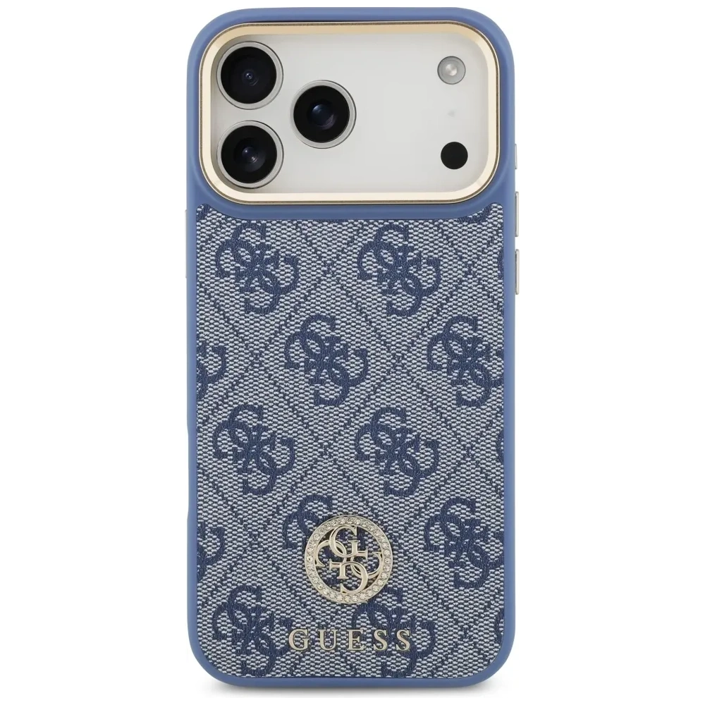 Etui Guess 4G Strass Logo & Big Strap Metal Buttons MagSafe do Apple iPhone 17 Pro Max niebieski