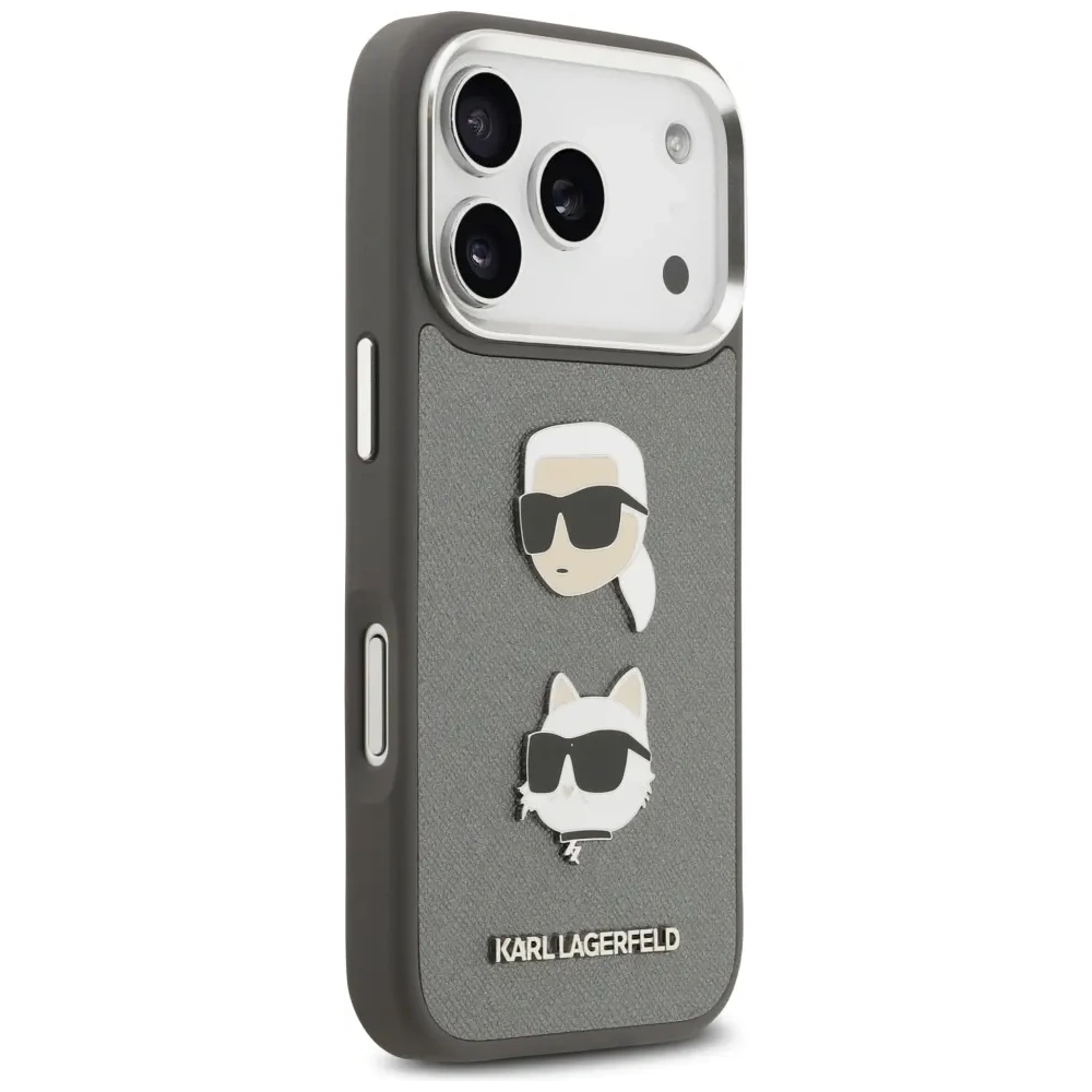Etui Karl Lagerfeld FW Grained Karl & Choupette Heads Pins & Logo do Apple iPhone 17 Pro szary