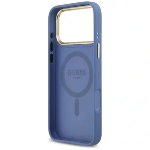 Etui Guess 4G Strass Logo & Big Strap Metal Buttons MagSafe do Apple iPhone 17 Pro Max niebieski