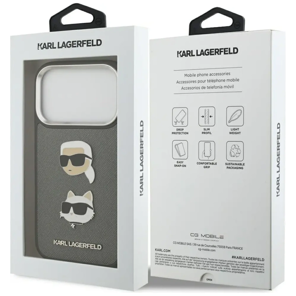 Etui Karl Lagerfeld FW Grained Karl & Choupette Heads Pins & Logo do Apple iPhone 17 Pro szary
