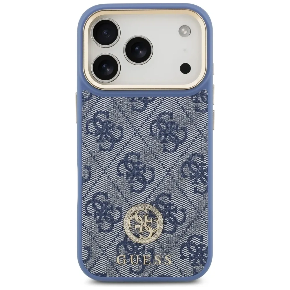 Etui Guess 4G Strass Logo & Big Strap Metal Buttons MagSafe do Apple iPhone 17 Pro niebieski
