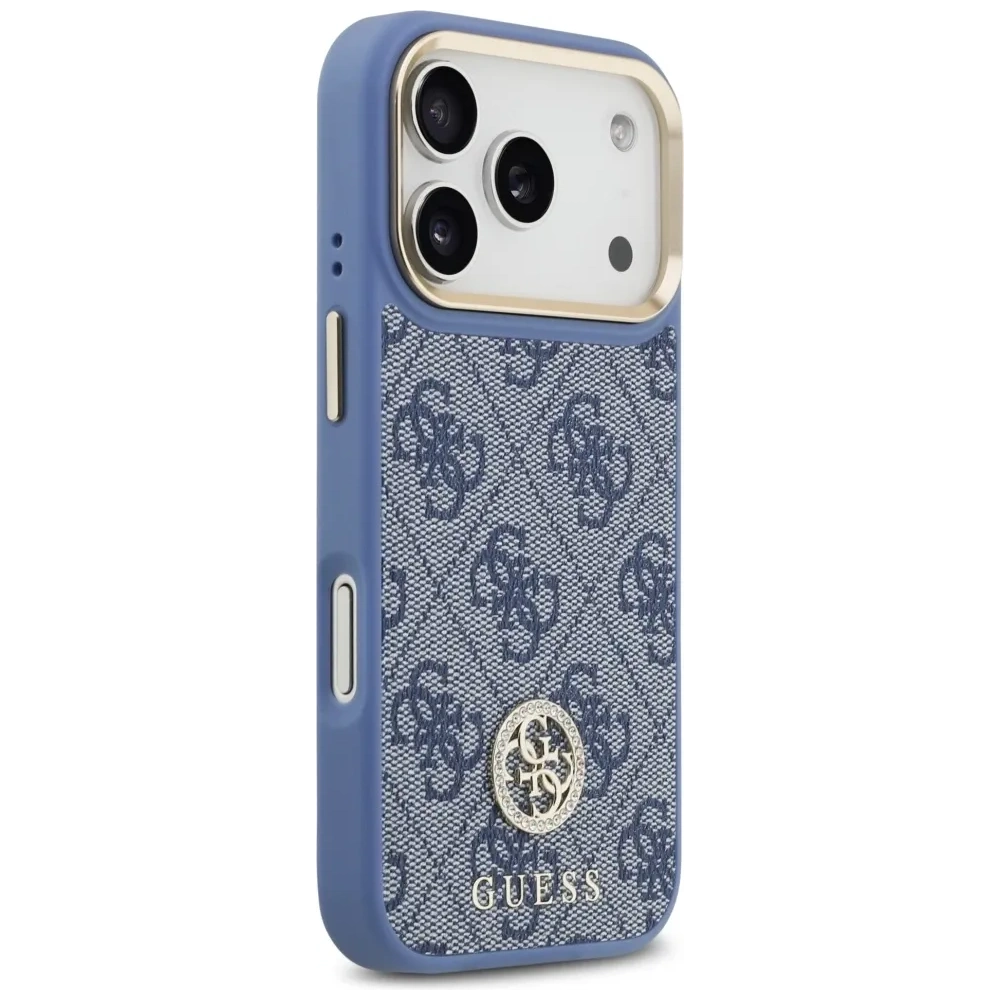 Etui Guess 4G Strass Logo & Big Strap Metal Buttons MagSafe do Apple iPhone 17 Pro niebieski