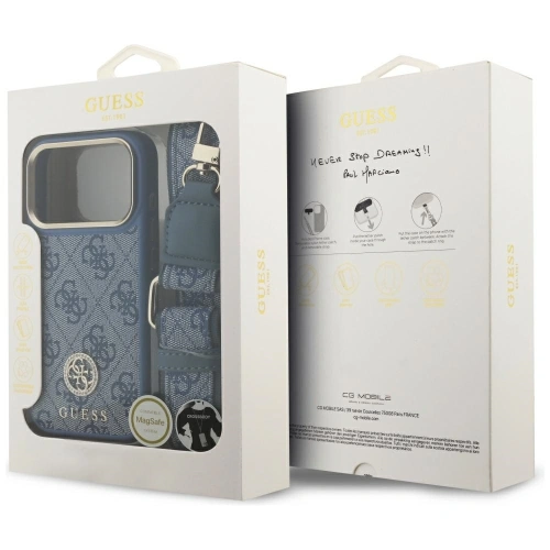 Etui Guess 4G Strass Logo & Big Strap Metal Buttons MagSafe do Apple iPhone 17 Pro niebieski