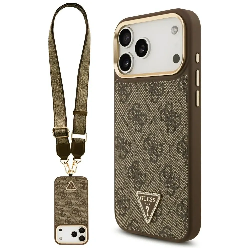 Etui Guess 4G Triangle Logo & Big Strap Metal Buttons MagSafe do Apple iPhone 17 Pro Max brązowy